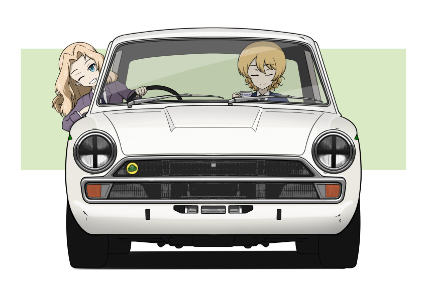 absurdres, bangs, black_neckwear, blazer, blonde_hair, blue_eyes, blue_sweater, braid, car, closed_eyes, commentary, cup, darjeeling_(girls_und_panzer), dress_shirt, driving, girls_und_panzer, grey_jacket, grin, ground_vehicle, hair_intakes, highres, holding, holding_cup, jacket, kano_(nakanotakahiro1029), kay_(girls_und_panzer), leaning_to_the_side, logo, long_hair, long_sleeves, lotus_cortina, motor_vehicle, necktie, saunders_school_uniform, school_uniform, shadow, shirt, short_hair, smile, st._gloriana's_school_uniform, sweater, teacup, tied_hair, twin_braids, white_shirt, wing_collar