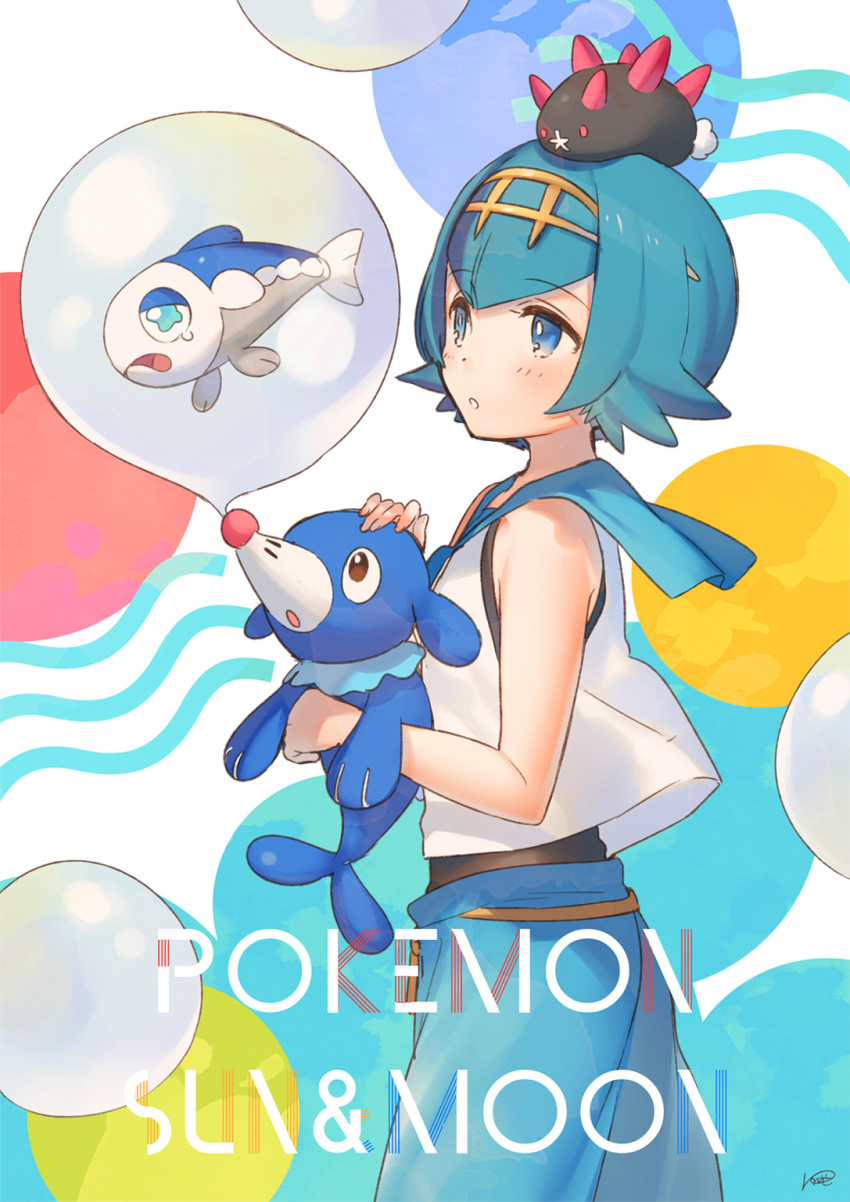 1girl, bare_arms, blue_eyes, blue_hair, blue_pants, blue_sailor_collar, bubble, copyright_name