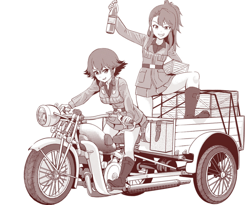 2girls, amaretto_(girls_und_panzer), anzio_military_uniform, asymmetrical_bangs, bangs, belt, boots, bottle