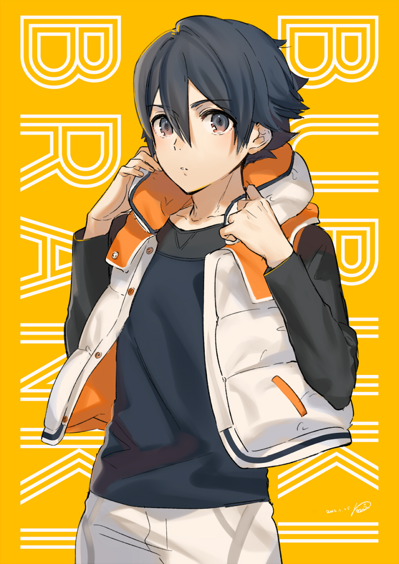 1boy, black_eyes, black_hair, black_shirt, bubuki_buranki, buttons, copyright_name, hair_between_eyes