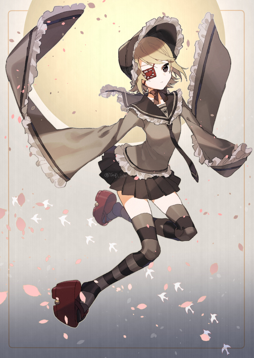 absurdres, bird, black_collar, black_eyes, black_legwear, black_neckwear, black_skirt, blonde_hair