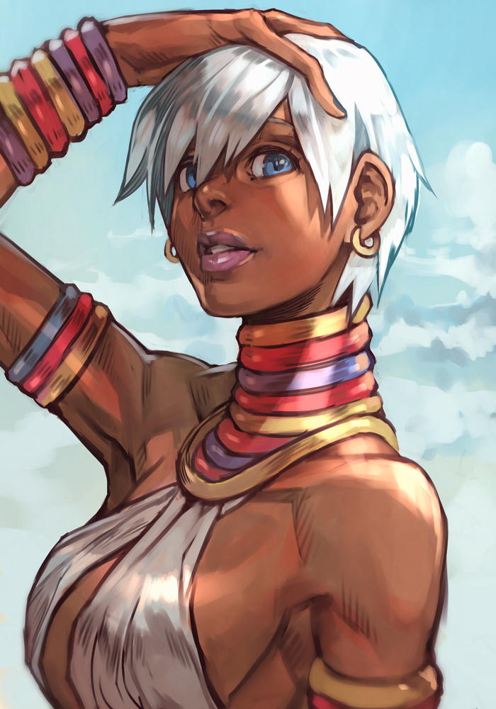 1girl, armlet, bangs, bare_shoulders, blue_eyes, blue_nails, bracelet, breasts