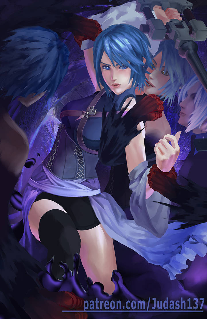 aqua_(kingdom_hearts), armor, blue_eyes, blue_hair, breasts, dress, hair_between_eyes, heroine