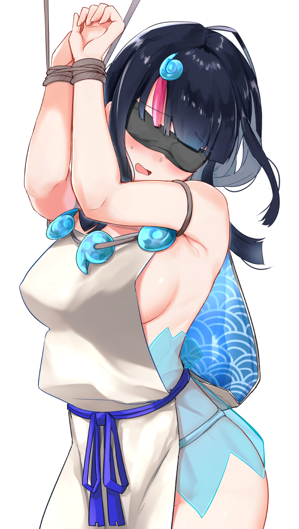 1girl, bangs, bare_shoulders, black_hair, blindfold, blue_ribbon, blush, bound