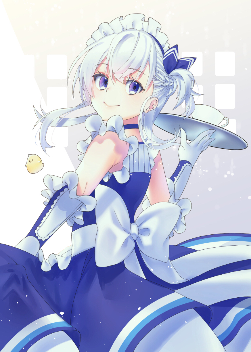 1girl, apron, azur_lane, back, belchan_(azur_lane), belfast_(azur_lane), blue_choker, blue_dress, blue_eyes, bow, braid, choker, closed_mouth, commentary, cowboy_shot, cup, detached_sleeves, dress, eyebrows_visible_through_hair, eyelashes, french_braid, from_behind, gloves, grey_background, hair_between_eyes, hair_ribbon, highres, hitsujike_(hamsterhouse), holding, holding_tray, large_bow, light_particles, looking_at_viewer, looking_back, maid_headdress, manjuu_(azur_lane), medium_hair, ribbon, silver_hair, simple_background, smile, solo, teacup, tray, white_gloves