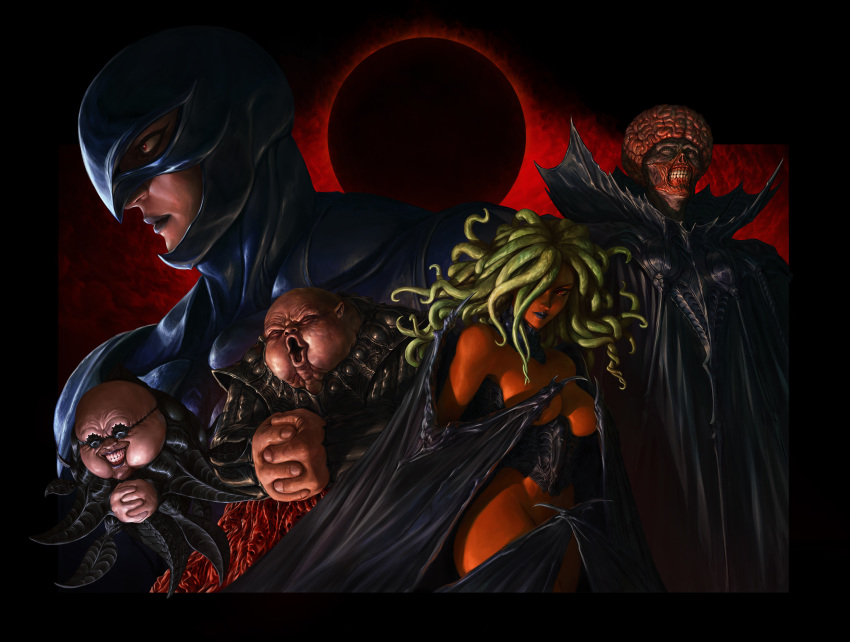 1girl, 4boys, armor, berserk, breasts, commentary, conrad, dark_background