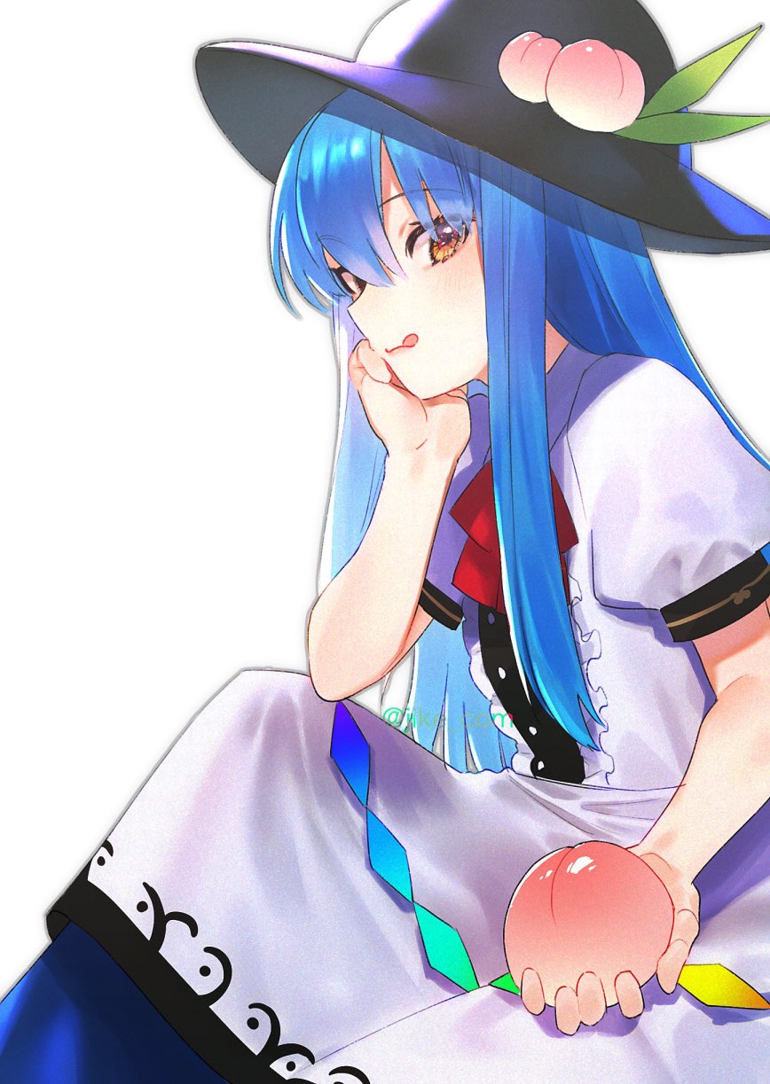 1girl, black_headwear, blue_skirt, blush, breasts, commentary, cowboy_shot, dress