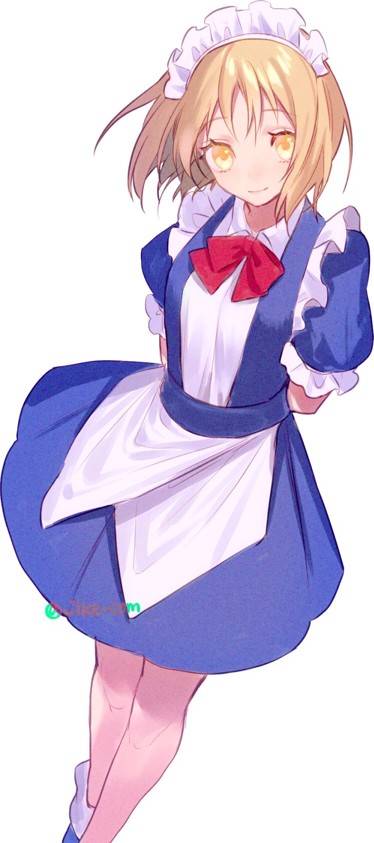 1girl, arms_behind_back, bare_legs, blonde_hair, blue_dress, blush, bow, bowtie, breasts, closed_mouth, commentary, cowboy_shot, dress, highres, hitsujike_(hamsterhouse), looking_at_viewer, maid, maid_headdress, medium_breasts, mugetsu, puffy_short_sleeves, puffy_sleeves, red_neckwear, short_hair, short_sleeves, simple_background, smile, solo, touhou, touhou_(pc-98), twitter_username, white_background, yellow_eyes