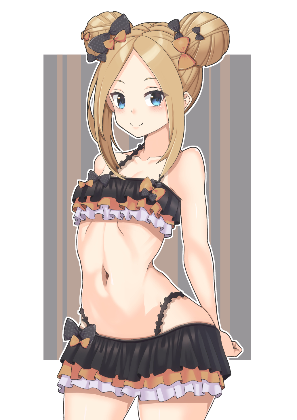 1girl, abigail_williams_(fate/grand_order), bangs, bare_shoulders, bikini, black_bikini, black_bow, blonde_hair