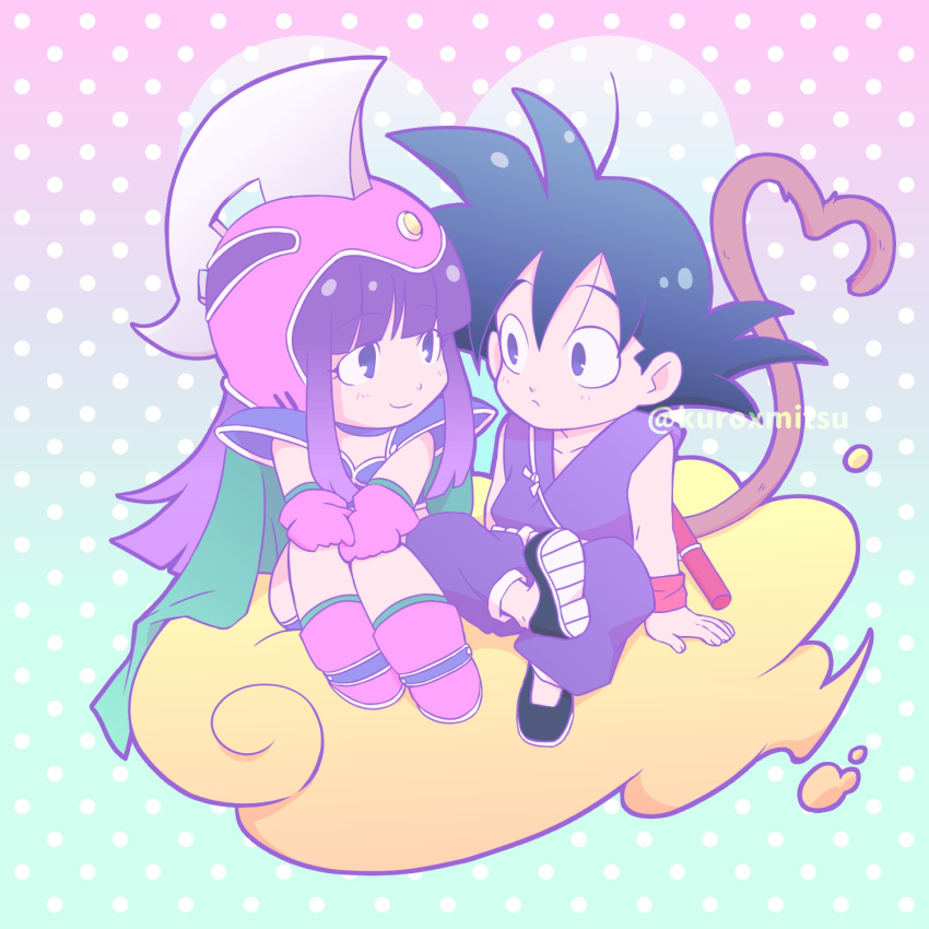 1boy, 1girl, aqua_background, arm_support, armor, bangs, bikini_armor, black_eyes, black_footwear, black_hair, blunt_bangs, blush, boots, cape, chi-chi_(dragon_ball), child, closed_mouth, collarbone, dougi, dragon_ball, dragon_ball_(classic), expressionless, eye_contact, eyebrows_visible_through_hair, eyelashes, fingernails, flying_nimbus, full_body, gloves, gradient, gradient_background, green_cape, half-closed_eyes, heart, heart_background, heart_tail, helmet, highres, hime_cut, kuroxmitsu_kinako, legs_together, light_smile, looking_at_another, monkey_tail, nyoibo, pale_color, pink_background, pink_footwear, pink_gloves, polka_dot, polka_dot_background, purple_background, shiny, shiny_hair, shoulder_pads, side-by-side, sidelocks, sitting, son_gokuu, spiky_hair, straight_hair, tail, twitter_username, v_arms, wristband