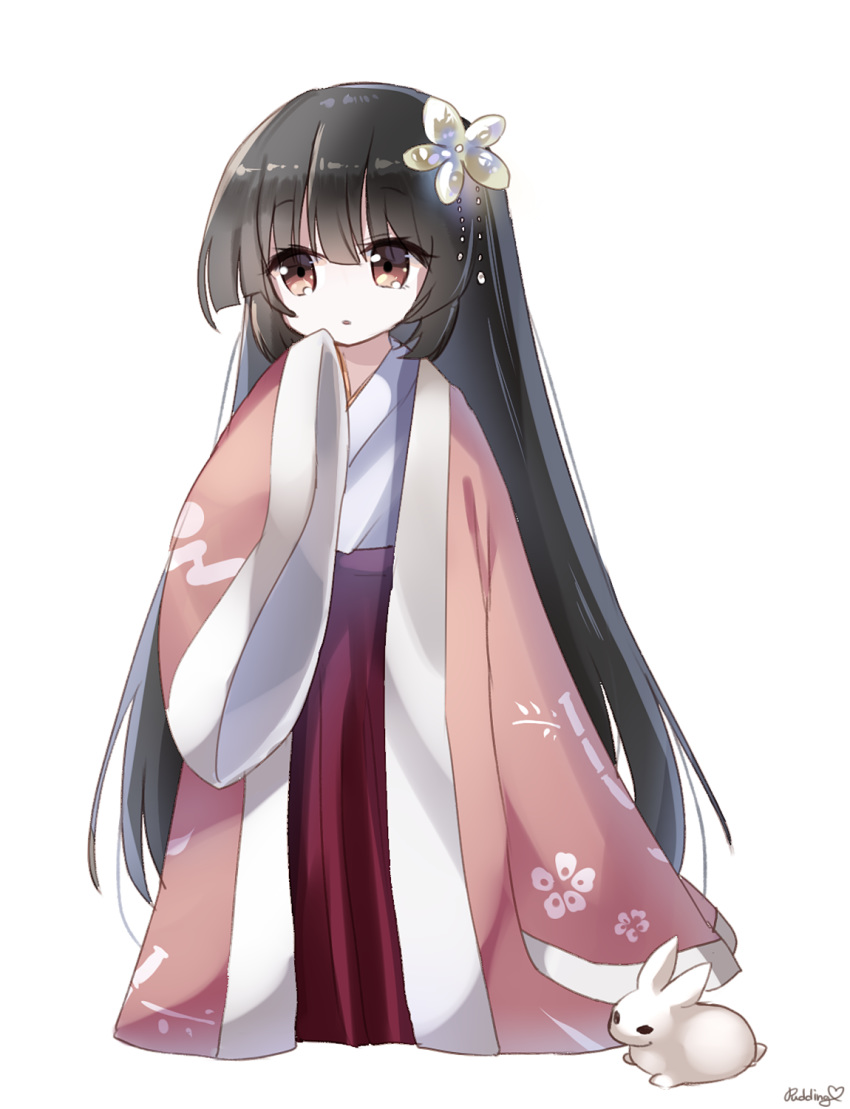 1girl, artist_name, black_hair, brown_eyes, eyebrows_visible_through_hair, floral_print, flower, flower_clothes, flower_on_head, hair_between_eyes, highres, hime_cut, houraisan_kaguya, japanese_clothes, long_hair, long_skirt, long_sleeves, pink_coat, pudding_(skymint_028), rabbit, red_skirt, shirt, signature, simple_background, skirt, sleeves_past_fingers, sleeves_past_wrists, touhou, very_long_hair, white_background, white_flower, white_shirt, wide_sleeves