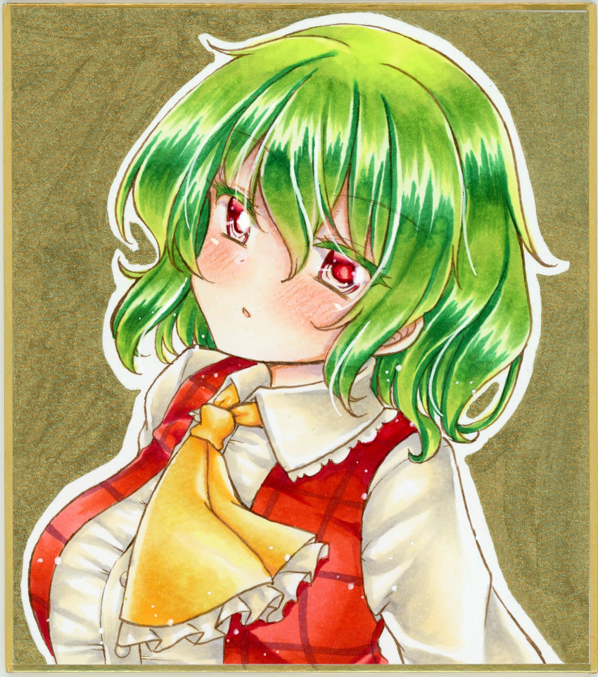 1girl, bangs, blush, breasts, collared_shirt, commentary_request, eyebrows_visible_through_hair, graphite_(medium)