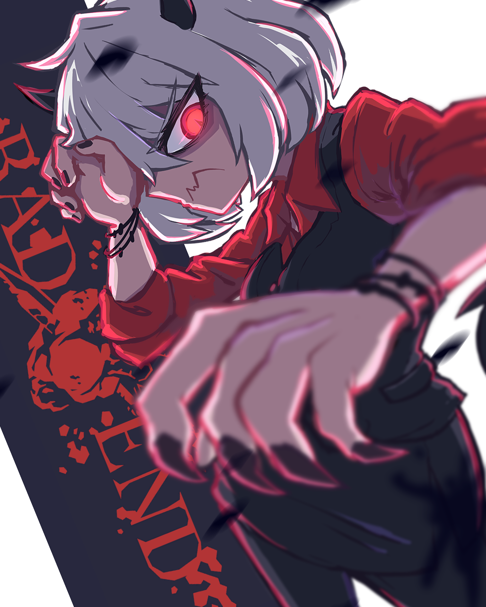 1girl, black_horns, black_nails, black_vest, demon_girl, english_text, fingernails, glowing
