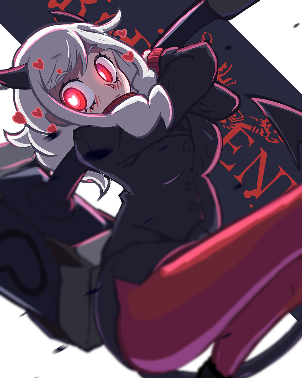 1girl, arms_up, bangs, black_horns, black_miniskirt, black_suit, blush, demon_girl