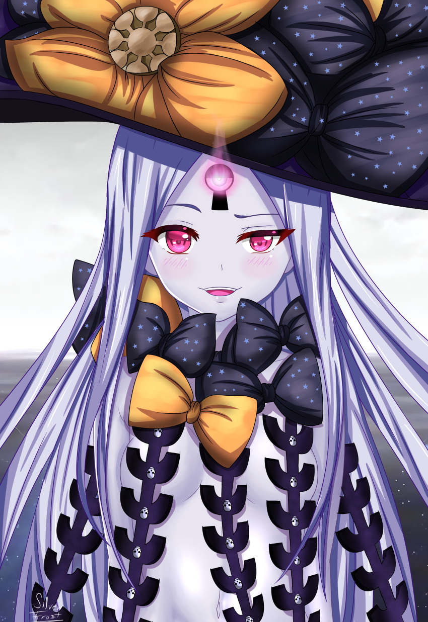 1girl, abigail_williams_(fate/grand_order), absurdres, arms_behind_back, bangs, bare_shoulders, black_bow, black_headwear, blush, bow, breasts, fate/grand_order, fate_(series), forehead, frosver, glowing, glowing_eye, hat, highres, keyhole, long_hair, multiple_bows, navel, open_mouth, orange_bow, parted_bangs, pink_eyes, skull_print, small_breasts, smile, star_(symbol), star_print, stuffed_animal, stuffed_toy, teddy_bear, third_eye, white_hair, white_skin, witch_hat