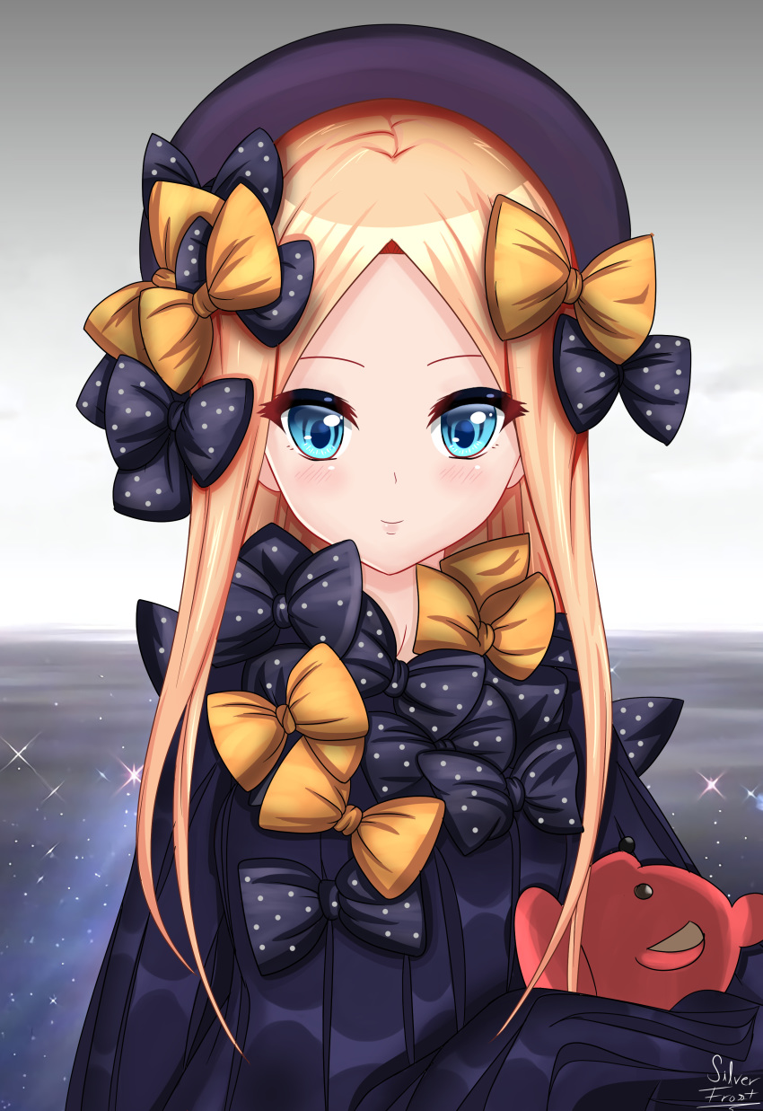 1girl, abigail_williams_(fate/grand_order), absurdres, bangs, black_bow, black_dress, black_headwear, blonde_hair