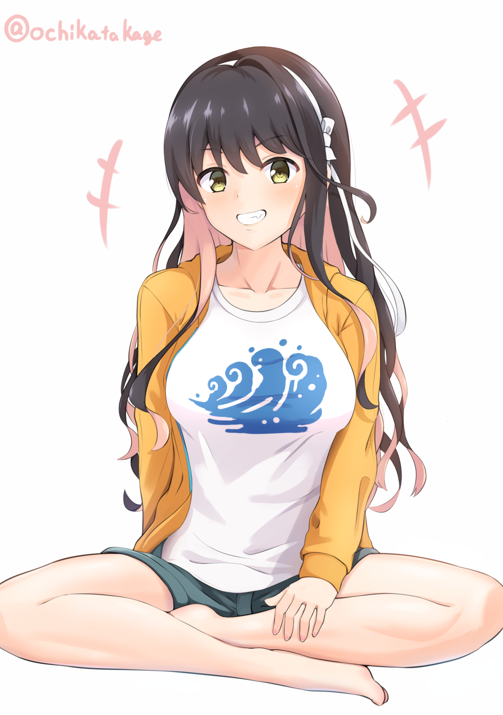 1girl, alternate_costume, barefoot, black_hair, blush, breasts, casual, grey_shorts