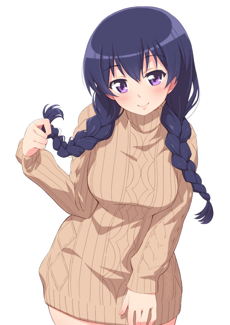 1girl, blue_hair, blush, braid, breasts, brown_sweater, closed_mouth, eyebrows_visible_through_hair