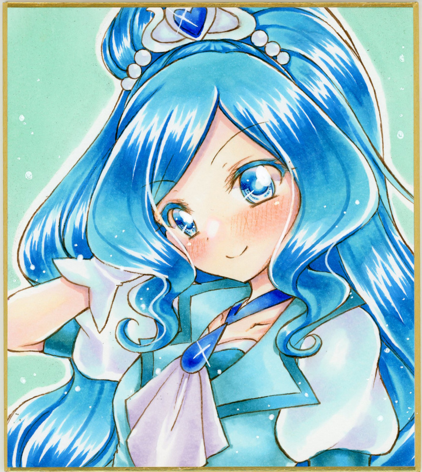 1girl, adjusting_hair, bangs, blue_dress, blue_eyes, blue_hair, blush, collarbone