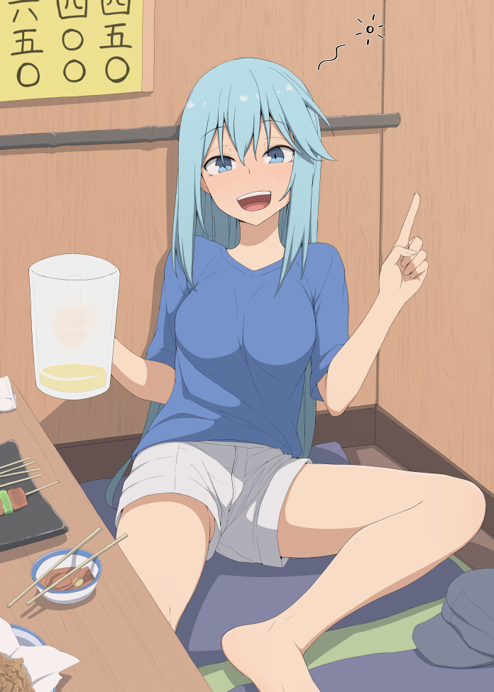 1girl, :d, alternate_costume, aqua_(konosuba), blue_eyes, blue_hair, blue_shirt, blush