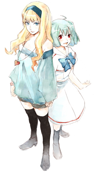 blonde_hair, blue_eyes, bow, green_hair, hairband, heart, hirodo, jewelry