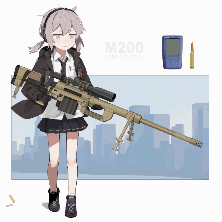1girl, anti-materiel_rifle, backpack, bag, bangs, bipod, black_gloves, black_neckwear
