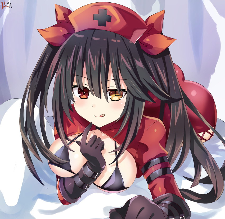 1girl, all_fours, bangs, black_bra, black_gloves, black_hair, blush, bra