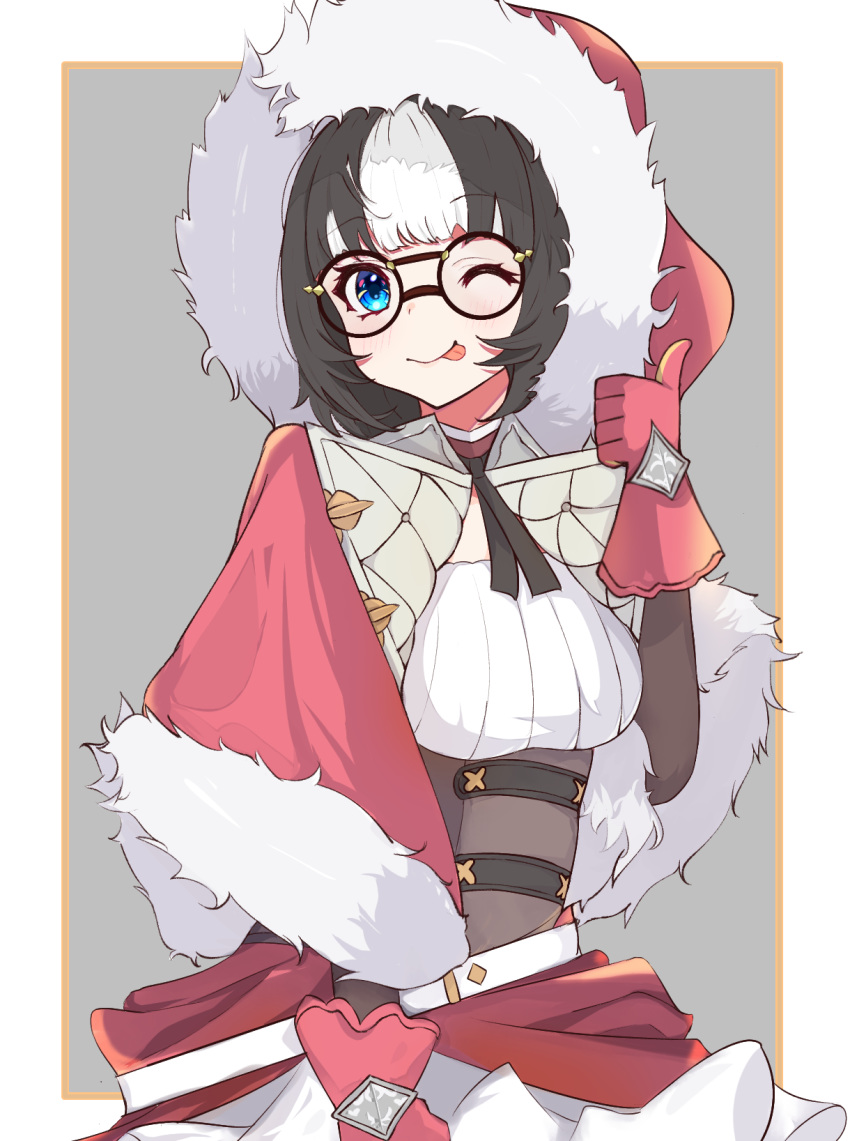 1girl, ;p, arm_warmers, azur_lane, bangs, belt, black_hair, black_ribbon