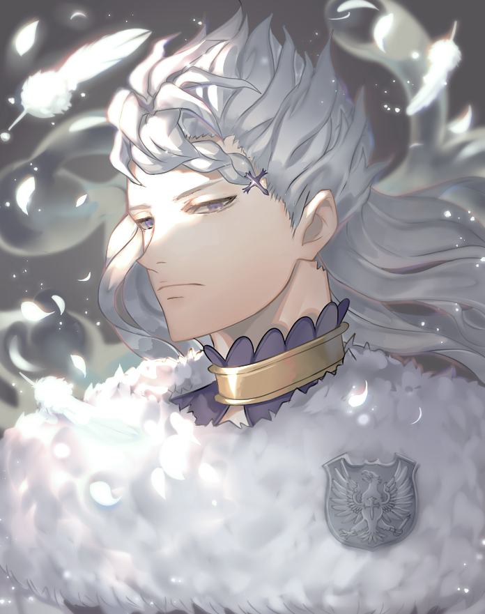 1boy, badge, black_clover, braid, cross_hair_ornament, front_braid, frown, fur_trim