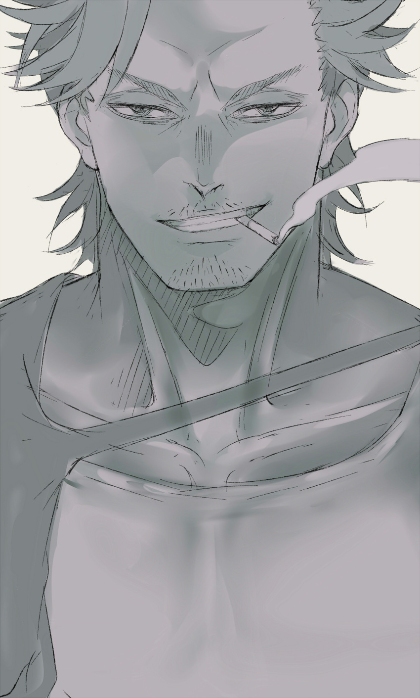 1boy, black_clover, cigarette, collarbone, facial_hair, greyscale, highres, looking_at_viewer