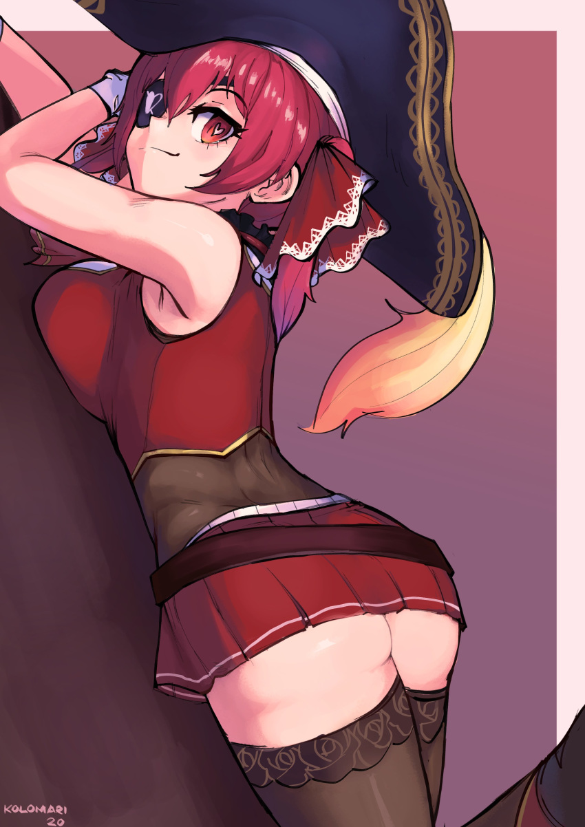 1girl, absurdres, armpits, artist_name, ass, back, bangs, bare_shoulders, belt, black_legwear, blush, breast_press, breasts, commentary, english_commentary, eyebrows_visible_through_hair, eyepatch, gloves, hair_between_eyes, hair_ribbon, hands_up, hat, heart, heart-shaped_pupils, highres, hololive, houshou_marine, kolomari, large_breasts, looking_at_viewer, multicolored, multicolored_background, pirate_hat, purple_background, red_background, redhead, ribbon, rock, see-through, shiny, shiny_hair, signature, skirt, smile, socks, solo, solo_focus, symbol-shaped_pupils, virtual_youtuber, white_background