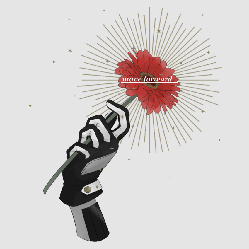 1boy, black_gloves, buzen_gou, daisy, disembodied_limb, english_text, flower, gerbera