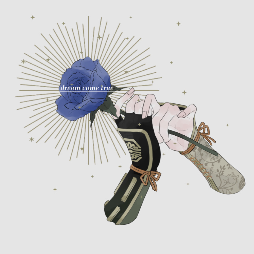 1boy, armor, black_gloves, blue_flower, blue_rose, disembodied_limb, english_text, fingerless_gloves
