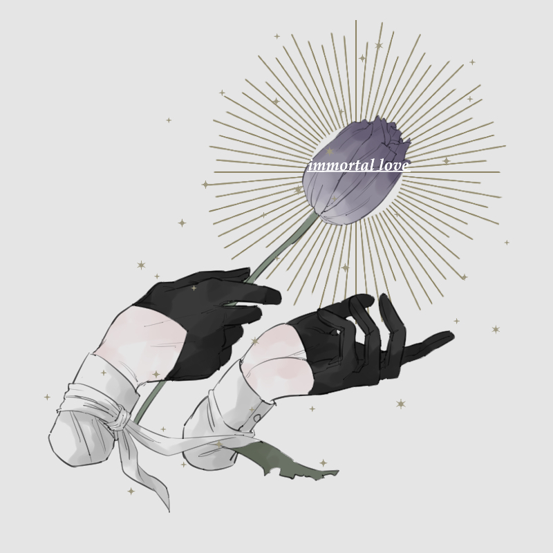 1boy, black_gloves, disembodied_limb, english_text, flower, gloves, grey_background, half_gloves