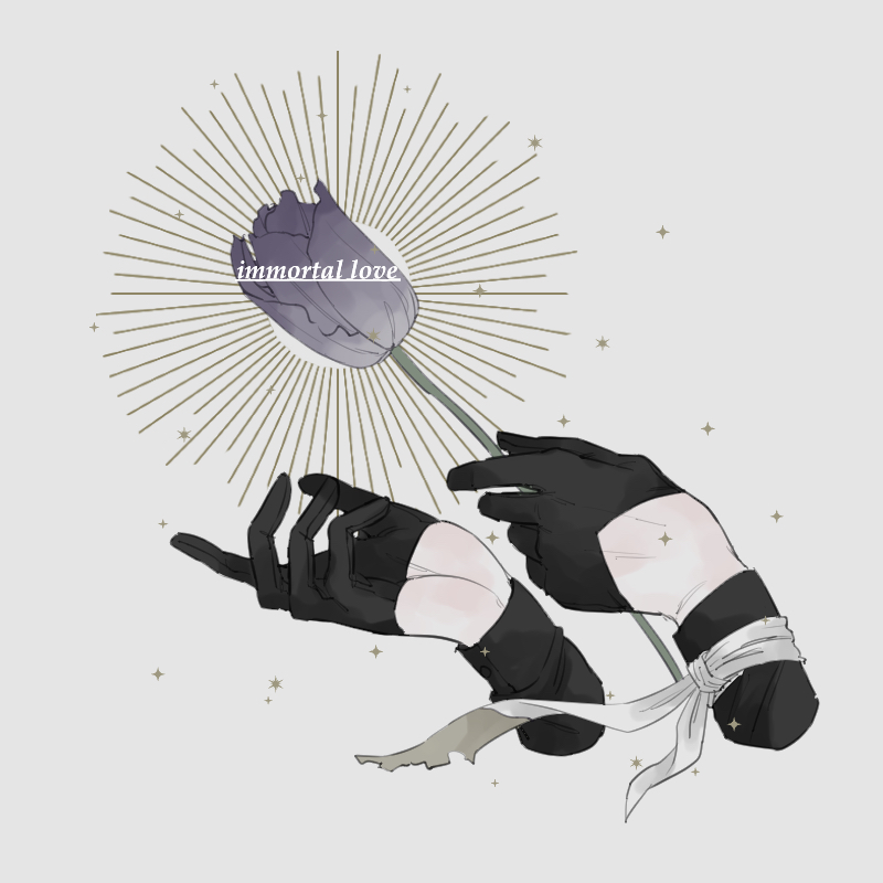1boy, black_gloves, black_shirt, disembodied_limb, english_text, flower, gloves, grey_background