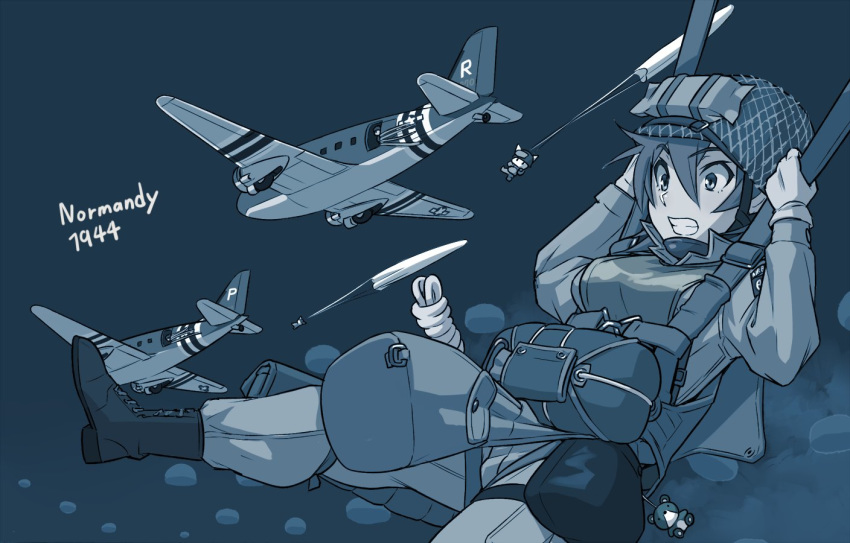 1girl, aircraft, airplane, boots, c-47, d-day, gloves, helmet