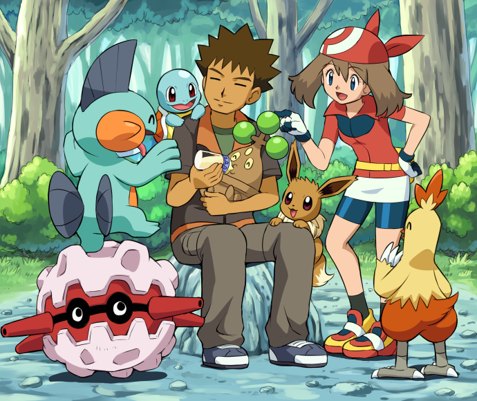 1boy, 1girl, bandana, bike_shorts, black_legwear, blue_eyes, bonsly, bottle, brown_hair, closed_eyes, combusken, day, eevee, eyebrows_visible_through_hair, feeding, forretress, gen_1_pokemon, gen_2_pokemon, gen_3_pokemon, gen_4_pokemon, gloves, gym_leader, hand_on_hip, haruka_(pokemon), holding, holding_bottle, holding_pokemon, marshtomp, on_shoulder, open_mouth, outdoors, poke_ball_print, pokemoa, pokemon, pokemon_(anime), pokemon_(creature), pokemon_on_leg, pokemon_on_shoulder, pokemon_rse_(anime), red_bandana, rock, short_hair, sitting, sitting_on_rock, smile, socks, squirtle, standing, starter_pokemon, takeshi_(pokemon), tree, two-tone_gloves
