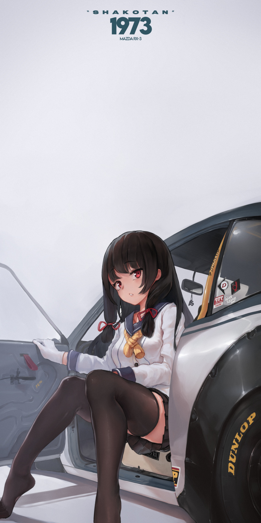 1girl, absurdres, asymmetrical_legwear, black_hair, black_legwear, black_skirt, breasts, car