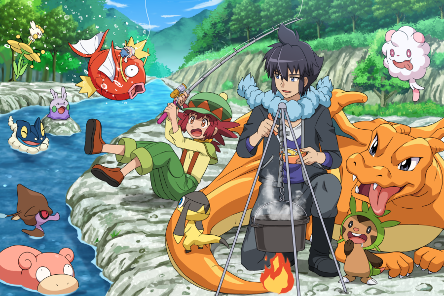 1boy, 1girl, alan_(pokemon), black_footwear, black_hair, black_jacket, blue_eyes, boots, brown_eyes, brown_footwear, charizard, chespin, clouds, cooking, day, fire, fishing, fishing_rod, flabebe, frogadier, gen_1_pokemon, gen_6_pokemon, goomy, hat, holding, holding_fishing_rod, inkay, jacket, magikarp, manon_(pokemon), on_ass, one_knee, open_mouth, outdoors, pokemoa, pokemon, pokemon_(anime), pokemon_(creature), pokemon_xy_(anime), pot, redhead, scarf, shoes, short_hair, skrelp, sky, slowpoke, starter_pokemon, steam, stream, swirlix, tongue, tree, water