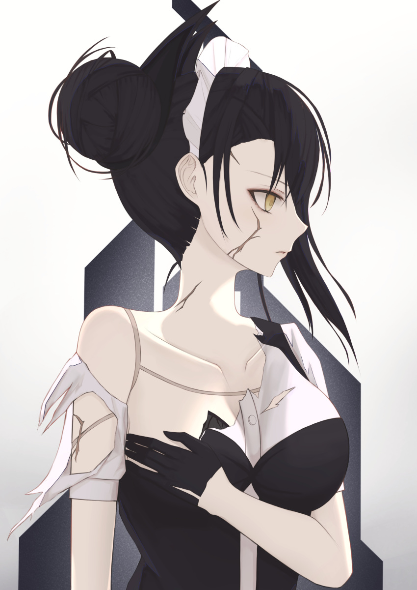 1girl, absurdres, agent_(girls_frontline), android, artificial_skin, asymmetrical_hair, black_hair, collarbone