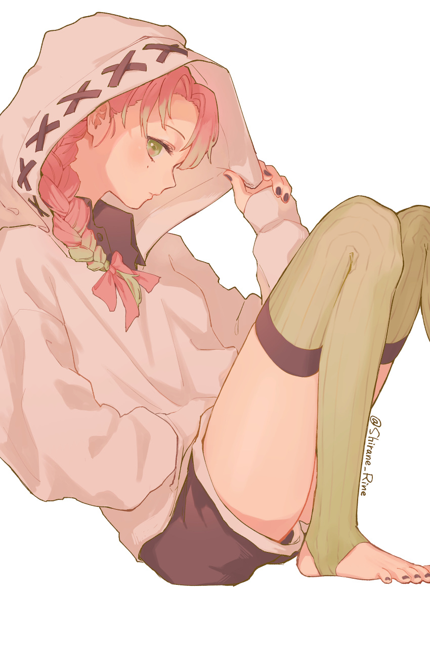 1girl, absurdres, adjusting_hood, bangs, black_nails, blush, bow, braid, feet_out_of_frame, from_side, gradient_hair, green_eyes, green_hair, green_legwear, hair_bow, hand_in_pocket, highres, hood, hood_up, hoodie, kanroji_mitsuri, kimetsu_no_yaiba, knees_up, leaning_back, long_hair, long_sleeves, looking_at_viewer, mole, mole_under_eye, multicolored_hair, no_shoes, pink_bow, pink_hair, ribbon-trimmed_legwear, ribbon_trim, shirane_rine, shorts, simple_background, sitting, solo, stirrup_legwear, toeless_legwear, toenail_polish, white_background, white_hoodie