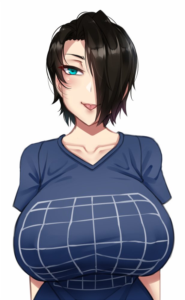1girl, :p, aqua_eyes, black_hair, blue_shirt, breasts, collarbone, commentary