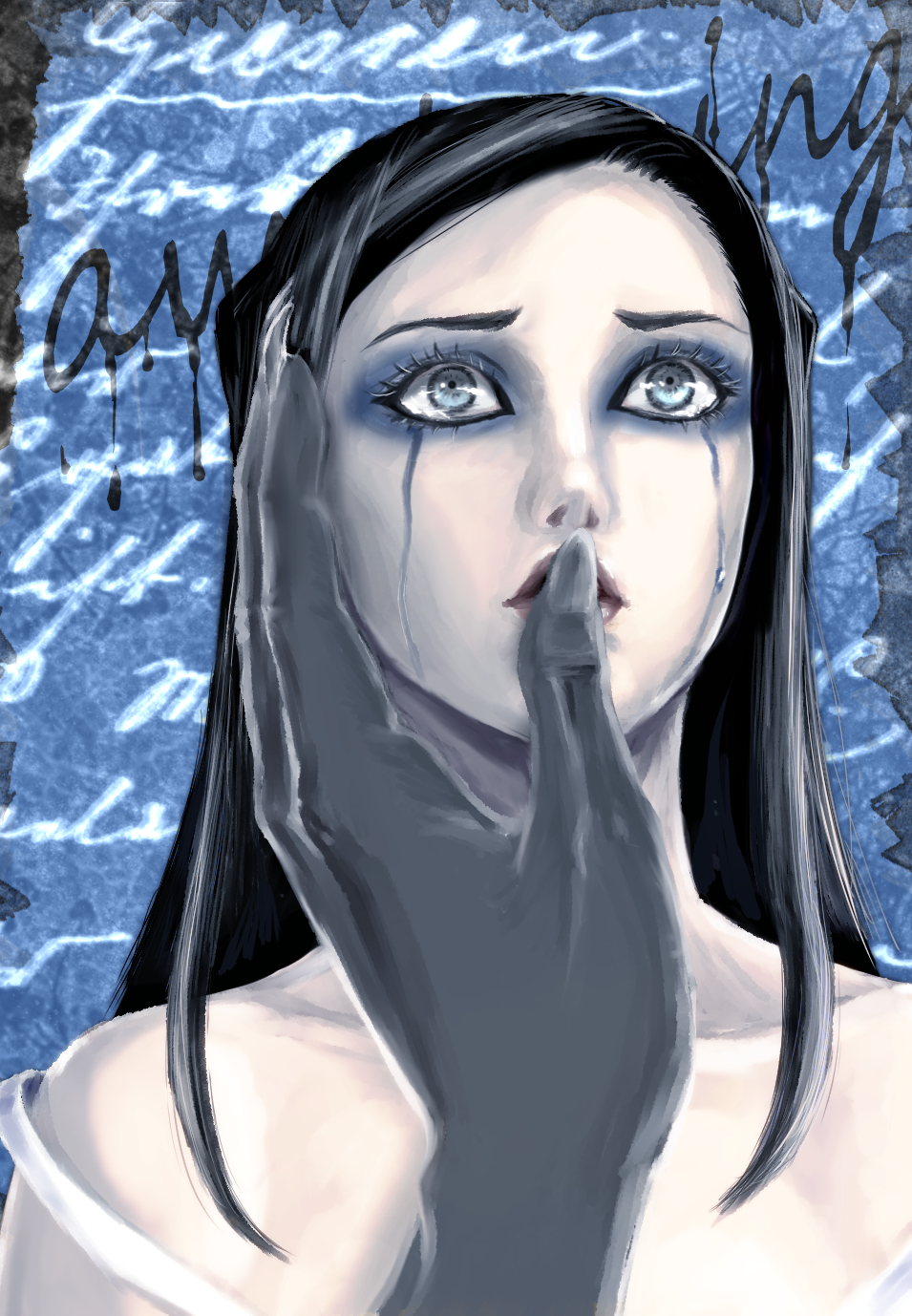 1boy, 1girl, black_hair, blue_eyes, crying, ergo_proxy, ergo_proxy_(character), eyeshadow