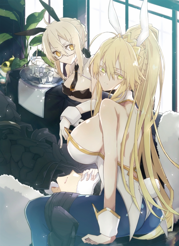 1boy, 2girls, agravain_(fate/grand_order), ahoge, animal_ears, armor, artoria_pendragon_(all), artoria_pendragon_(swimsuit_ruler)_(fate), ass, back, bangs, bare_shoulders, black_armor, black_hair, black_leotard, black_neckwear, black_ribbon, blonde_hair, blue_legwear, braid, breasts, bunnysuit, closed_mouth, cover, cover_page, cup, detached_collar, doujin_cover, drinking_glass, fate/grand_order, fate_(series), feather_boa, fishnet_legwear, fishnets, french_braid, glasses, green_eyes, hair_between_eyes, hair_ribbon, highleg, highleg_leotard, large_breasts, leotard, long_hair, looking_at_viewer, medium_breasts, multiple_girls, mysterious_heroine_x_(alter), nogi_(acclima), ponytail, rabbit_ears, resting, ribbon, short_hair, sidelocks, sitting, thighs, tiara, tray, white_leotard, window, wrist_cuffs, yellow_eyes