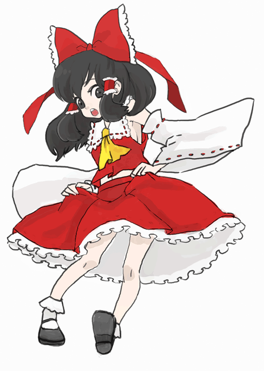 black_hair, detached_sleeves, hair_ribbon, hair_ribbons, hakurei_reimu, long_hair, mary_janes, mksm, ribbon, ribbons, shoes, socks, touhou