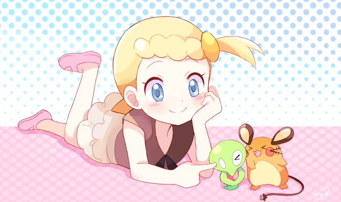 >_<, 1girl, bike_shorts, black_shorts, blonde_hair, blue_eyes, blue_polka_dots, blush, commentary_request, dedenne, eureka_(pokemon), gen_6_pokemon, hand_on_own_chin, leg_up, legendary_pokemon, looking_at_another, lying, mary_janes, mei_(maysroom), no_socks, on_stomach, open_mouth, petting, pink_footwear, pink_polka_dots, pokemon, pokemon_(anime), pokemon_(creature), pokemon_xy_(anime), polka_dot, polka_dot_background, puni_(pokemon), shoes, short_hair, shorts, side_ponytail, signature, skirt, smile, two-tone_background, white_skirt, zygarde, zygarde_core