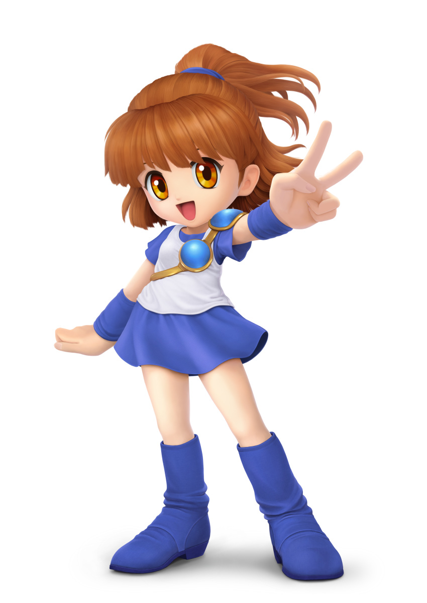 1girl, :d, absurdres, arle_nadja, bal_(uqdf), blue_footwear, blue_skirt, boots