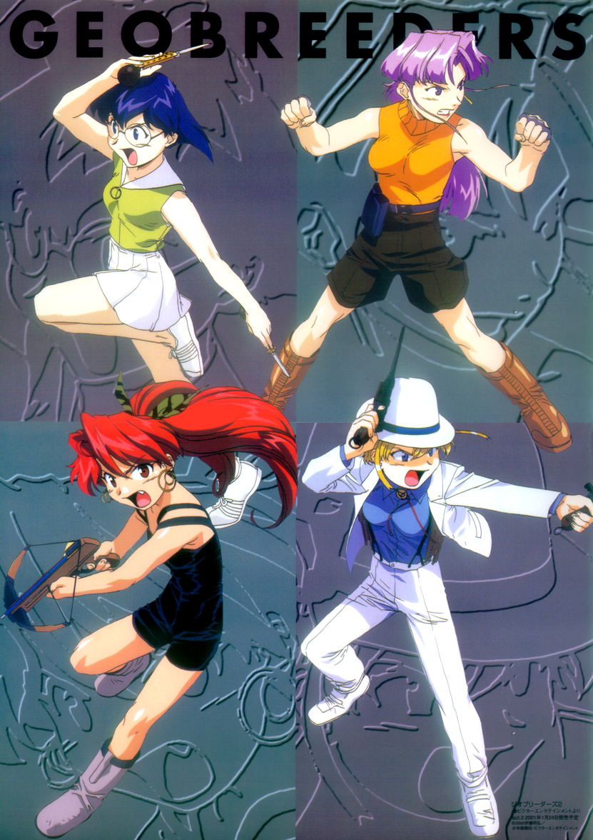1990s_(style), 4girls, arm_up, blonde_hair, blue_eyes, blue_hair, boots, bow_(weapon)