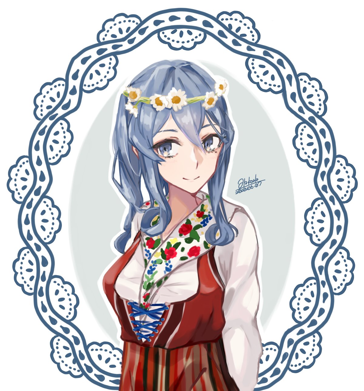 1girl, alakoala, blue_eyes, blue_hair, commentary_request, cowboy_shot, dated, dress