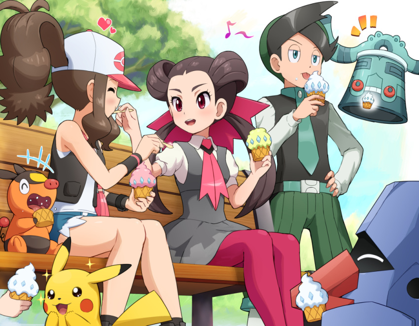 1boy, 2girls, aqua_eyes, baseball_cap, bench, black_hair, black_vest, blue_shorts